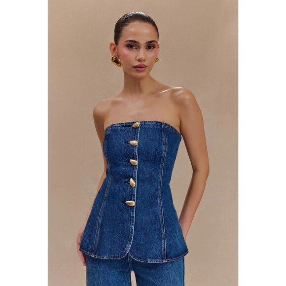 MESHKI Lennox Long Line Denim Strapless top Size Medium NEW NWT - Picture 1 of 6